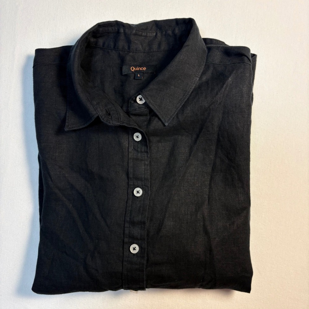 Quince 100% European Linen Long Sleeve Shirt, L, Black, Casual Classic